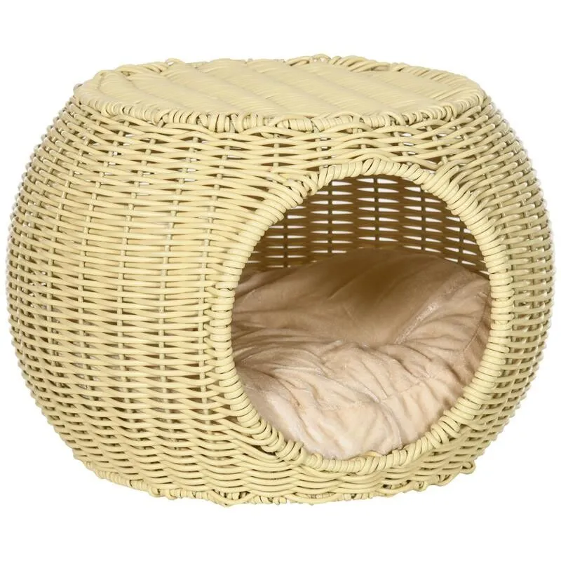 Casetta per gatti a 2 livelli in rattan pe con cuscino lavabile. Ø40X30 cm. beige