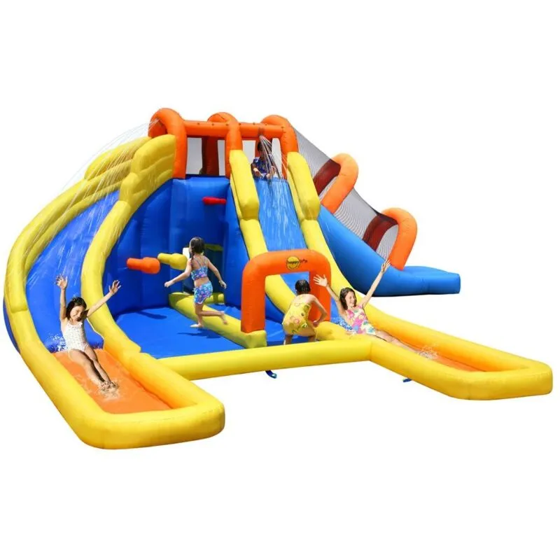 Happy - Castelli Gonfiabili per Bambini Acquatico 3 Scivoli Canestro Vasca Giochi Acqua