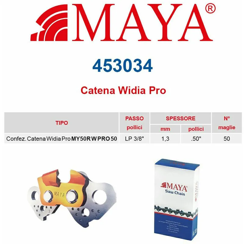  - Catena confezionata in Widia pro lp 3/8" 1.3 mm - .050" 50 maglie con antirimbalzo maya - 453034