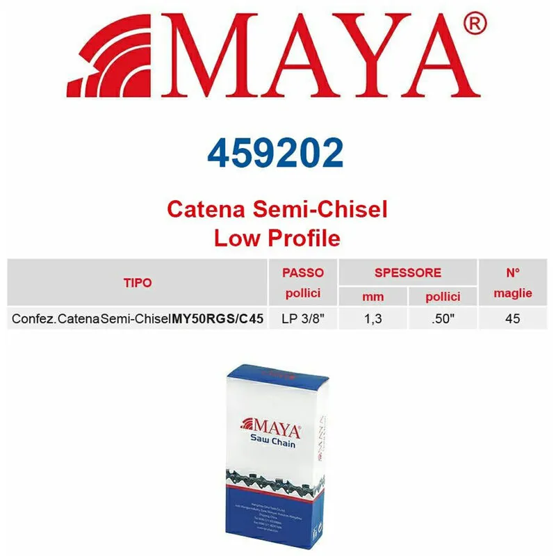 Catena confezionata LP 3/8" 1.3 mm - .050" 45 maglie con antirimbalzo profilo Semi tondo MAYA- 459202