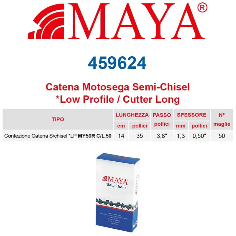  - Catena confezionata lp 3/8" 1.3 mm - .050" 50 maglie senza antirimbalzo profilo Semi tondo lungo Maya - 459624