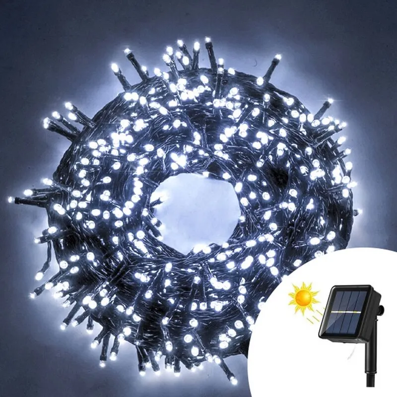 Catena di luci 14 metri da 200 Led Bianco Freddo con pannello solare con cavo verde 