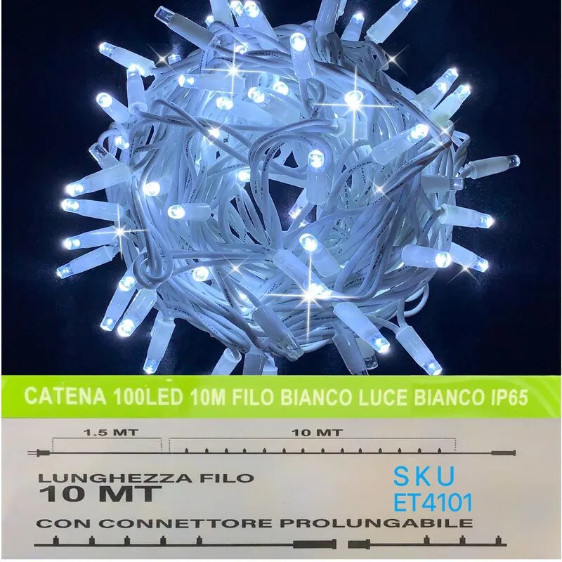 Catena luminosa 100 led 10 metri filo bianco luce bianco ip65 /ET4101