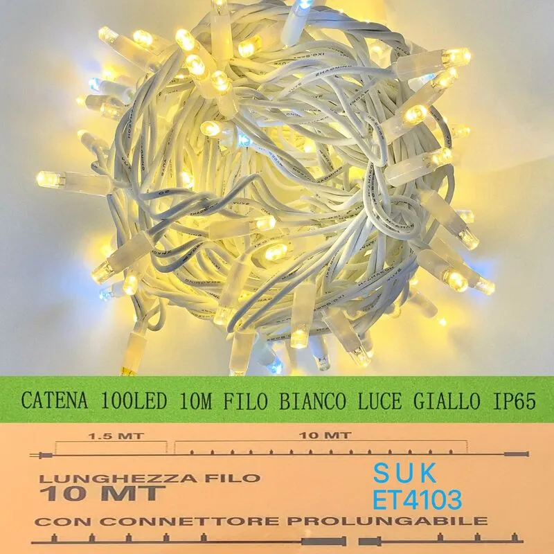 Catena luminosa 100 led 10 metri filo bianco luce giallo ip65 /ET4103