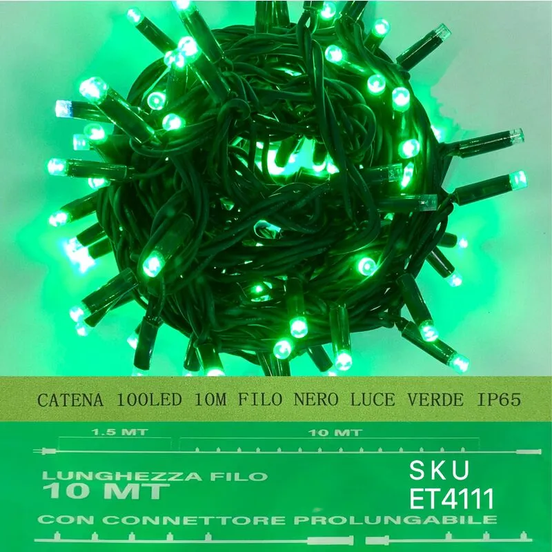 Catena luminosa 100 led 10 metri filo nero luce verde ip65 /ET4111