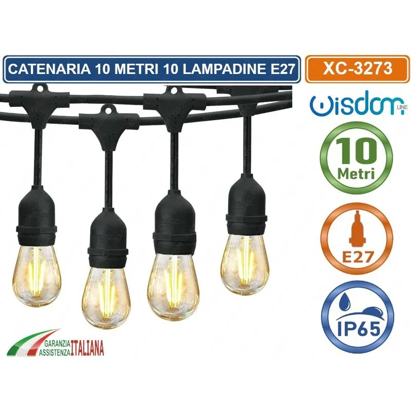  - catena catenaria luminosa 10 metri nera per 10 lampadine led E27 da esterno IP65 pendente