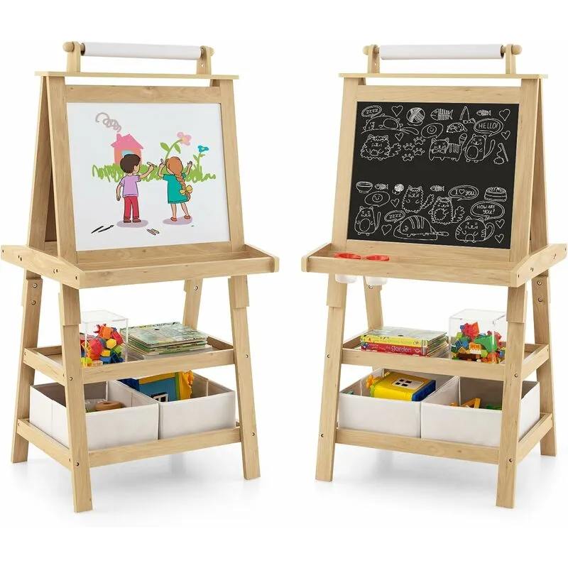 Costway - 3 in 1 Cavalletto per Bambini con Doppia Faccia, Cavalletto per Disegno con 2 Vassoi e 2 Scatole, Lavagna Bambini in Legno (Naturale)