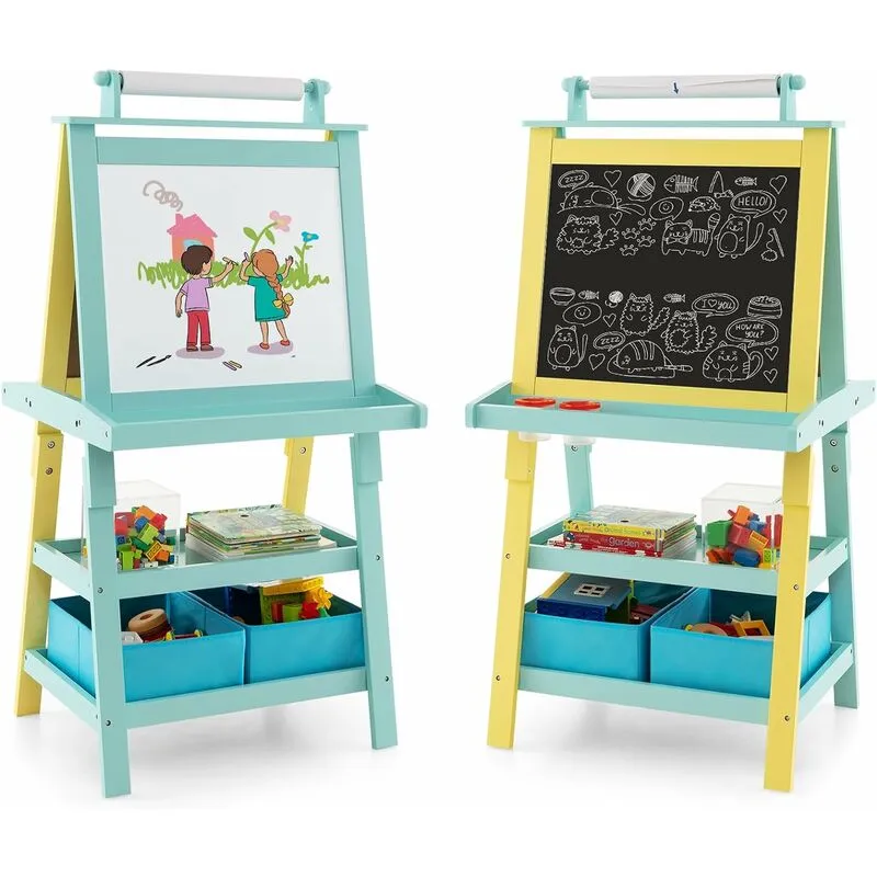 Costway - 3 in 1 Cavalletto per Bambini con Doppia Faccia, Cavalletto per Disegno con 2 Vassoi e 2 Scatole, Lavagna Bambini in Legno (Verde)