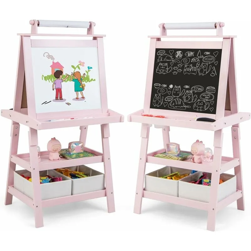 Costway - 3 in 1 Cavalletto per Bambini con Doppia Faccia, Cavalletto per Disegno con 2 Vassoi e 2 Scatole, Lavagna Bambini in Legno (Rosa)