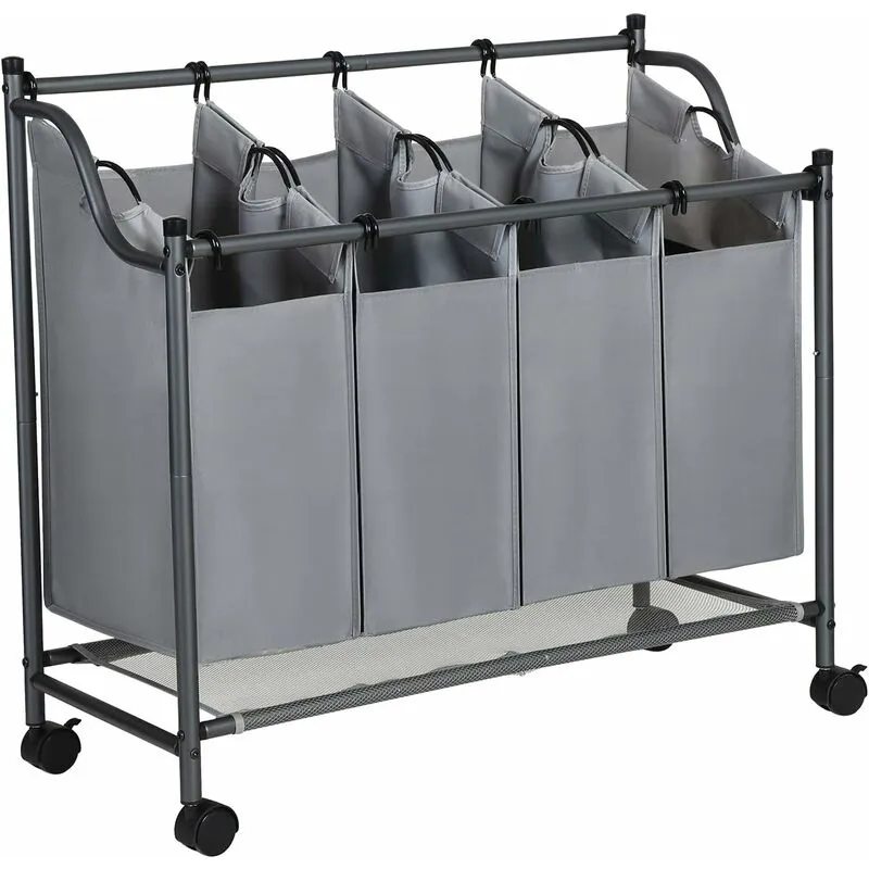 Carrello Porta Biancheria con 4 Sacchi Rimovibili, Ceste per Bucato con Rotelle Universali, Organizzatore di Giocattoli, Stabile, 4 x 35 Litri, Grigio