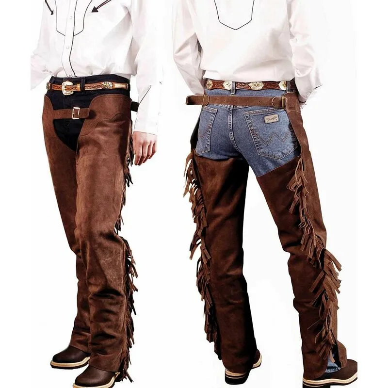 Chaps western in pelle scamosciata con frange e zip: xs, Marrone