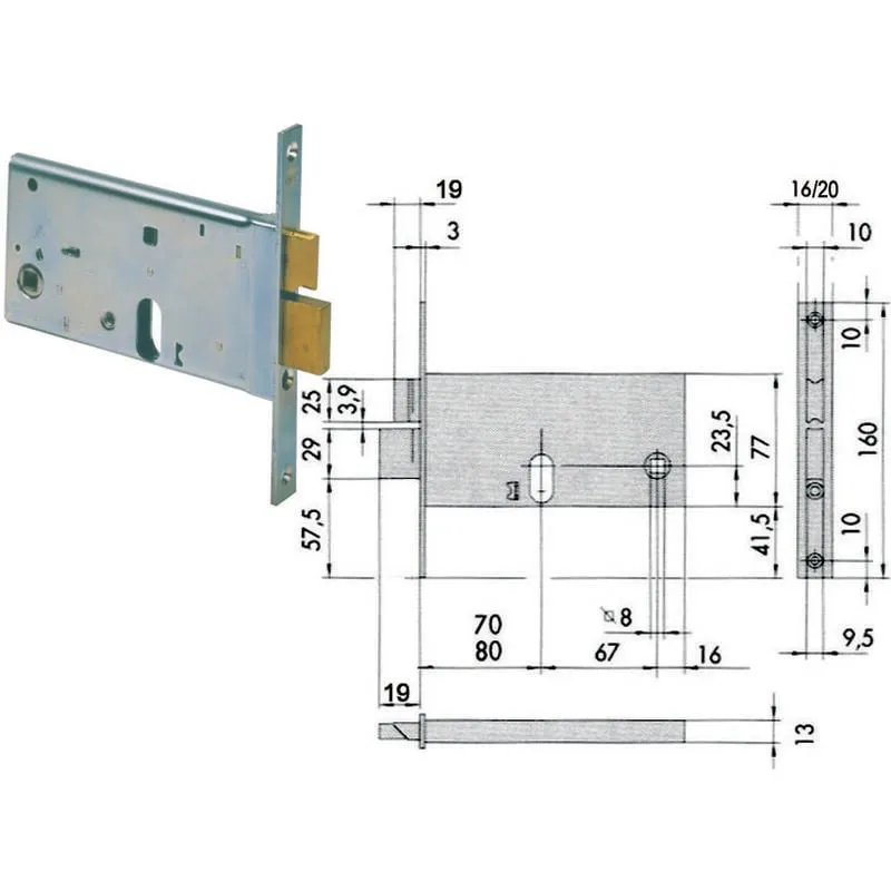 Serratura da infilare per fasce catenaccio e scrocco mm.77 h 44460 - mm.70 con frontale mm.20 (44461700)