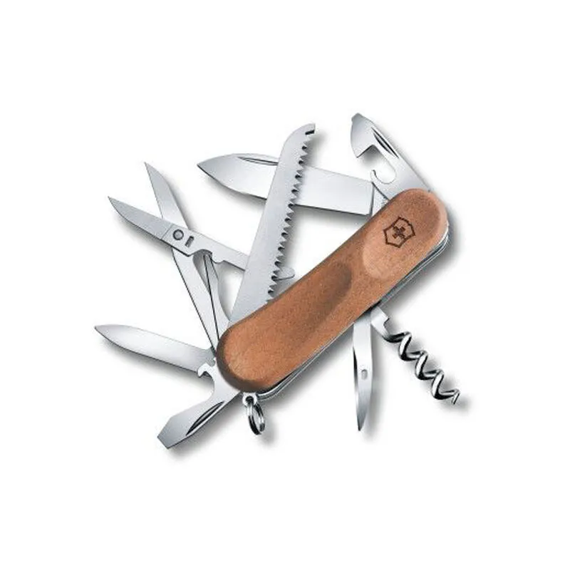Coltellino svizzero  Evolution Wood 17 2.3911.63B1 con 13 funzioni tra cui forbici e lima per unghie presentato in una confezione blister