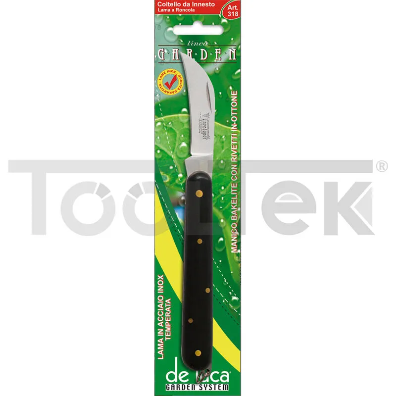 Coltello innesto acciao lama temperata a roncola 6,5cm manico bakelite de luca