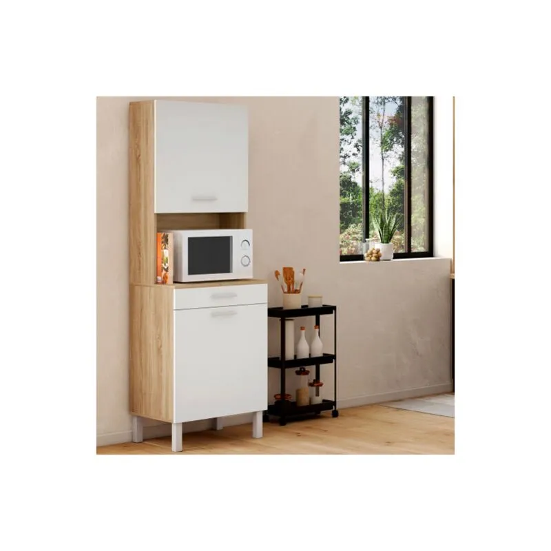 Comò da cucina cina 60 cm 2 ante + cassetto, finitura faggio e bianco