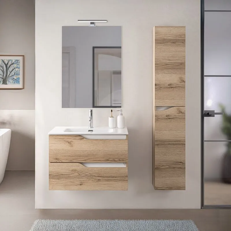 Composizione bagno sospesa 60cm in legno mdf quercia e bianco Sumya