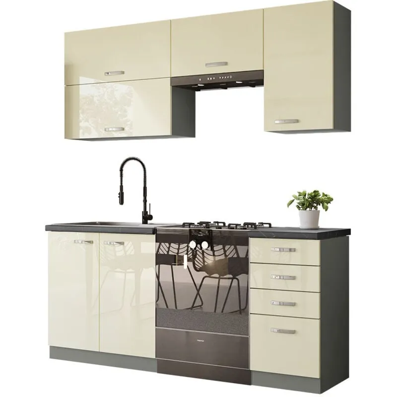 Mobilier1 - Set da cucina modulare Multi Cream 125 , 180x50cm, Piano di lavoro, Truciolare laminato, Pannello di fibra a media densità, led