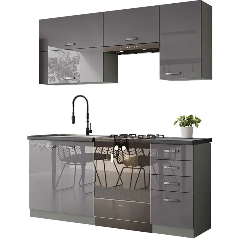 Mobilier1 - Set da cucina modulare Multi Grey 125 , 180x50cm, Piano di lavoro, Truciolare laminato, Pannello di fibra a media densità, led