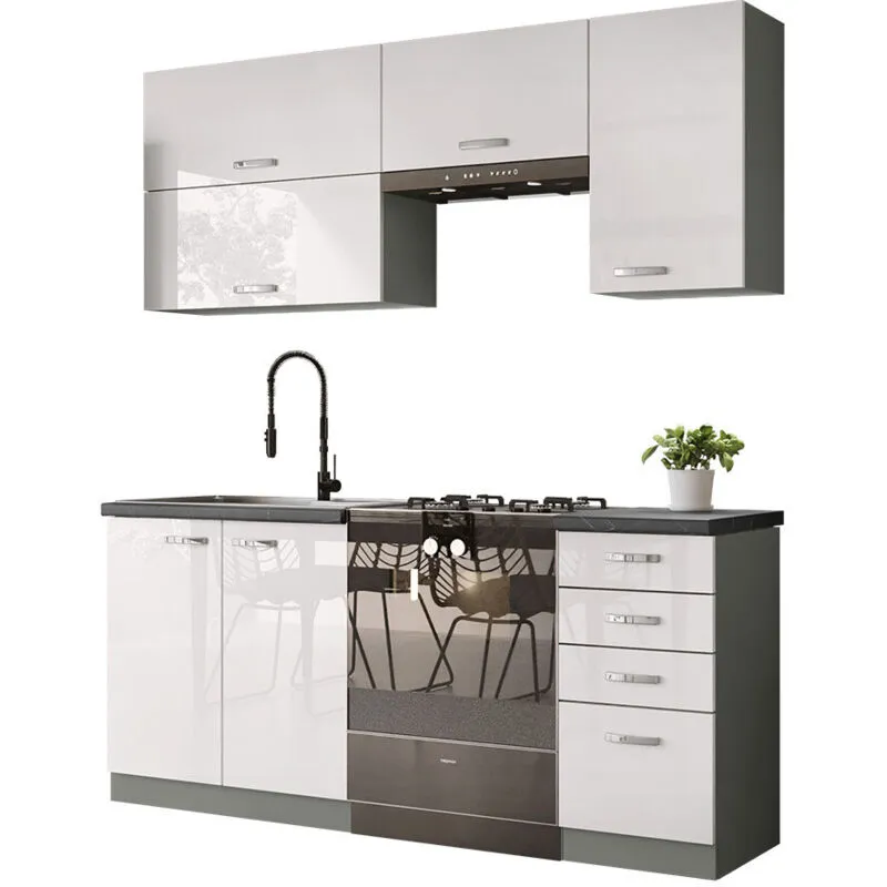 Set da cucina modulare Multi White 125 , 180x50cm, Piano di lavoro, Truciolare laminato, Pannello di fibra a media densità, led