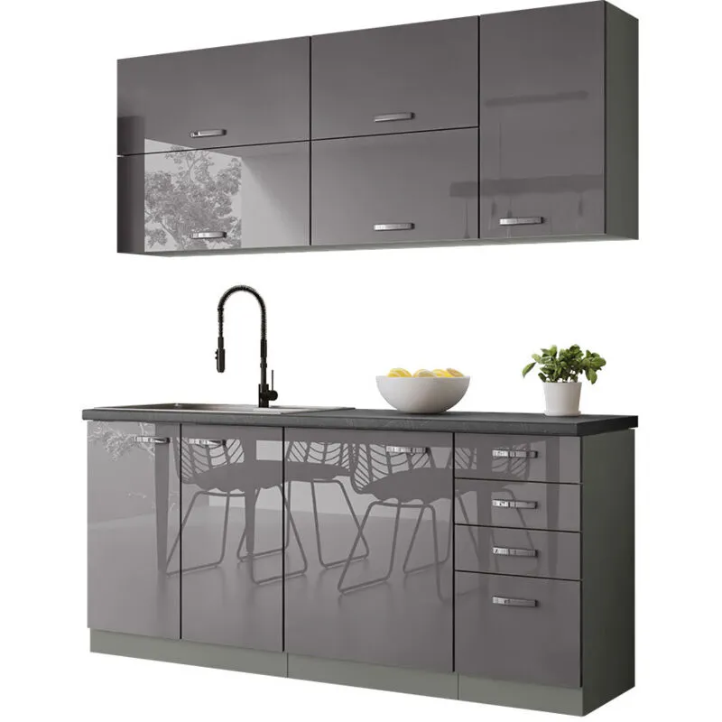 Set da cucina modulare Multi Grey 124 , 180x50cm, Piano di lavoro, Truciolare laminato, Pannello di fibra a media densità, led