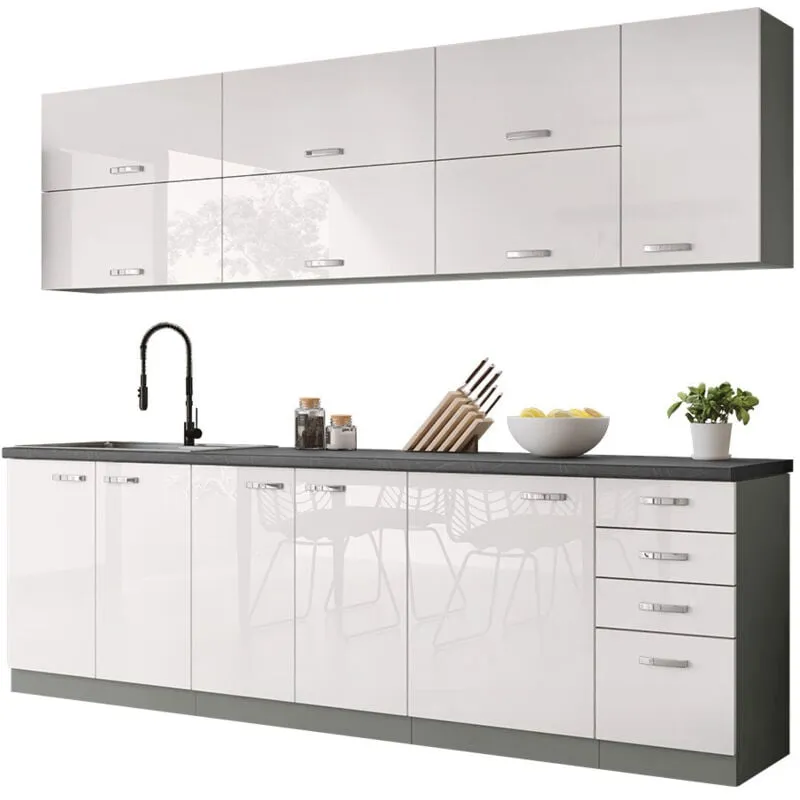 Mobilier1 - Set da cucina modulare Multi White 123 , 260x50cm, Piano di lavoro, Truciolare laminato, Pannello di fibra a media densità