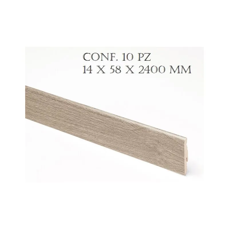 Conf. 10 Pz Battiscopa Inclinato Mdf Finitura Rovere Beige 14 X 58 X 2400 Mm