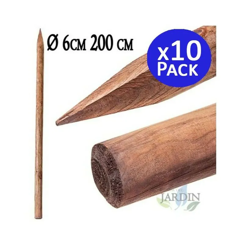 10 x Pali tutori di legno da 200 cm, diametro 6 cm, palo di legno rotondo con punta, palizzata, Punto di fissaggio