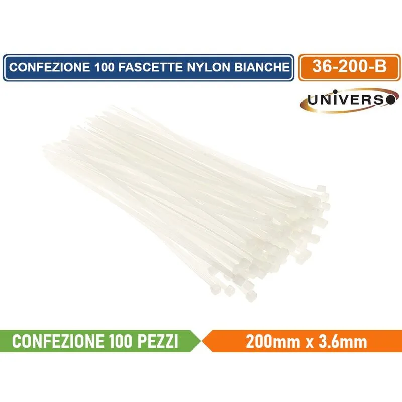 Universo - confezione 100 pezzi fascette serracavo autobloccanti in nylon bianco 3.6mm x 200mm