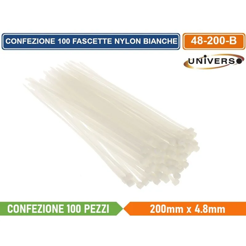 CONFEZIONE 100 PEZZI FASCETTE SERRACAVO AUTOBLOCCANTI IN NYLON BIANCO 4.8mm X 200mm