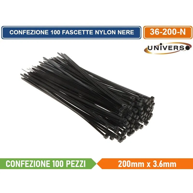 Universo - confezione 100 pezzi fascette serracavo autobloccanti in nylon nero 3.6mm x 200mm