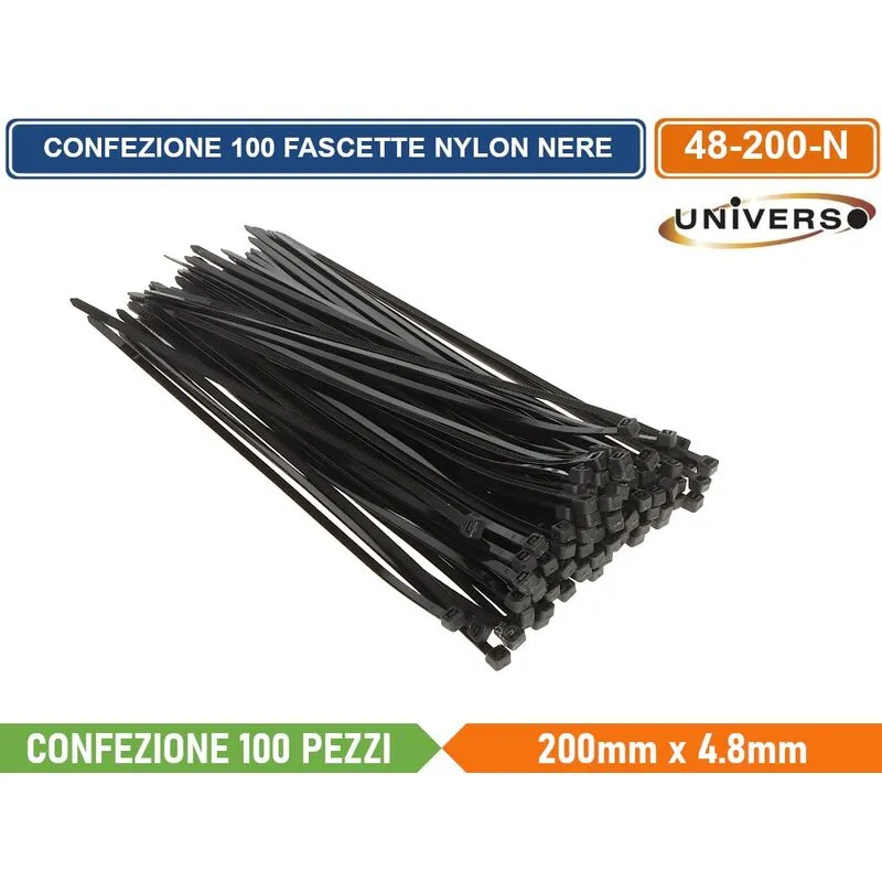 Universo - confezione 100 pezzi fascette serracavo autobloccanti in nylon nero 4.8mm x 200mm