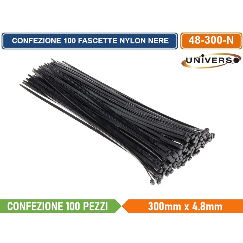 Universo - confezione 100 pezzi fascette serracavo autobloccanti in nylon nero 4.8mm x 300mm