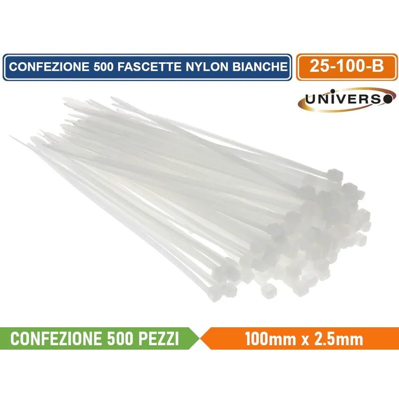 Universo - confezione 500 pezzi fascette serracavo autobloccanti in nylon bianco 2.5mm x 100mm