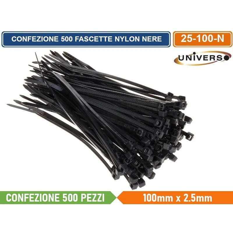 Universo - confezione 500 pezzi fascette serracavo autobloccanti in nylon nero 2.5mm x 100mm