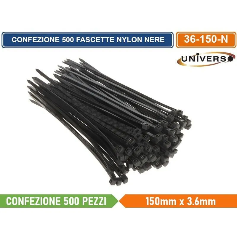 Universo - confezione 500 pezzi fascette serracavo autobloccanti in nylon nero 3.6mm x 150mm