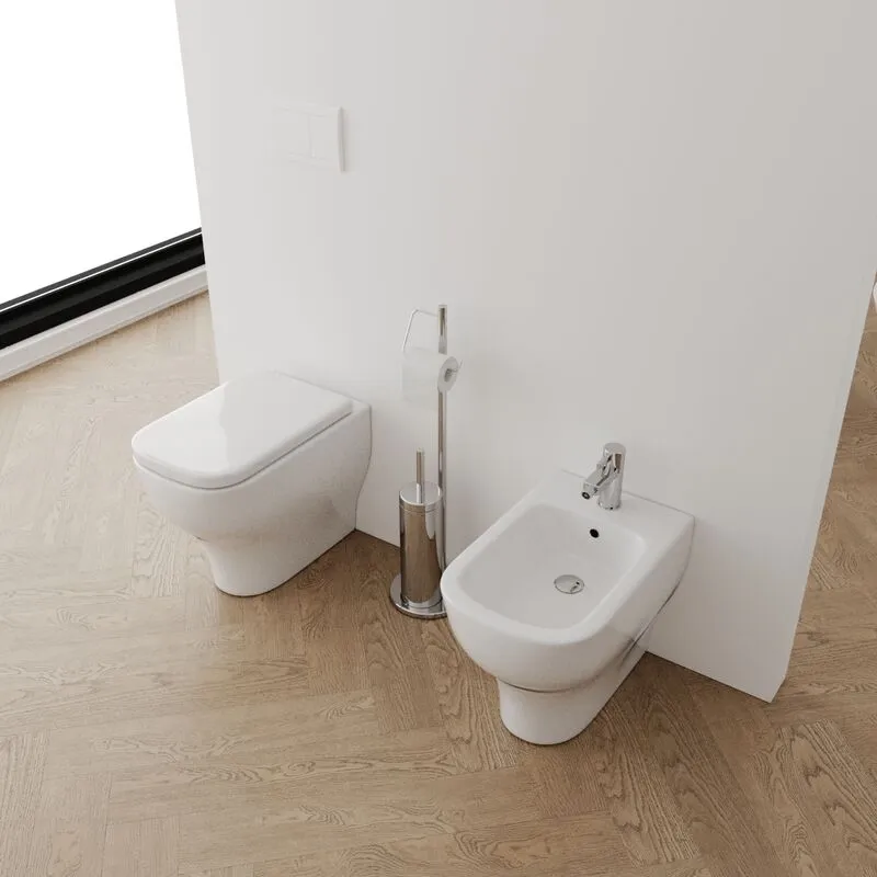 Coppia di sanitari a terra filomuro Bidet e Vaso wc in ceramica con sedile coprivaso stefano