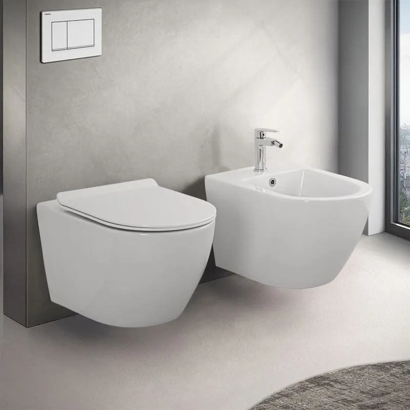 Inbagno - Coppia sanitari sospesi Rimless serie Tokyo con copriwc rallentato