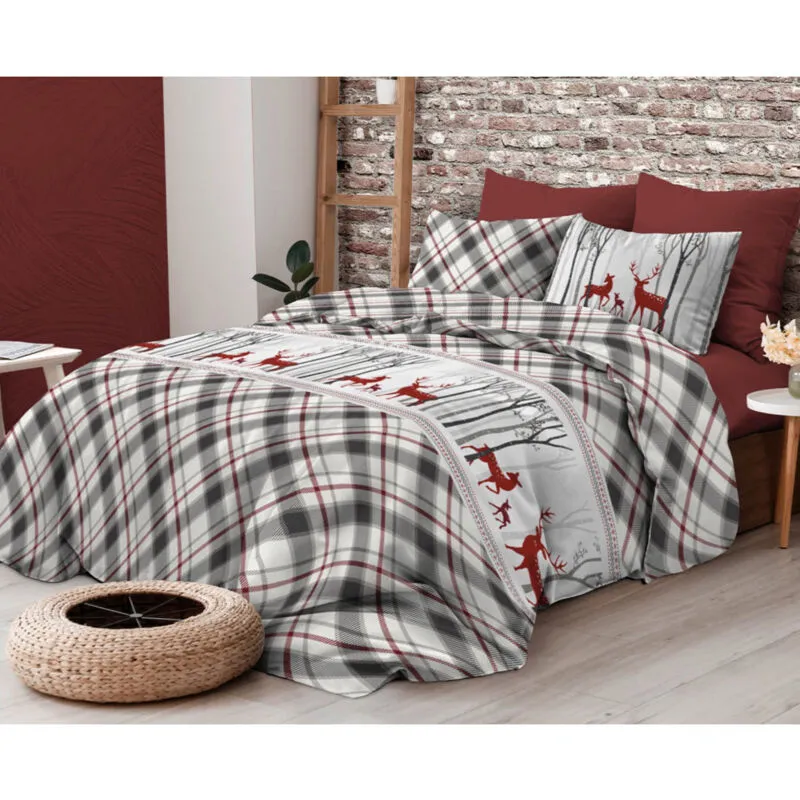 Copripiumino Fantasia Scozzese Cervo Rosso e Tartan Grigio in Cotone Double Face Matrimoniale 255x200 cm con 2 Federe