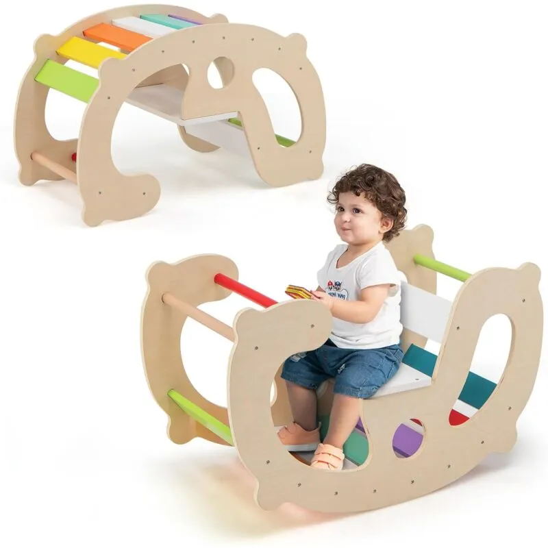 Costway - 2 in 1 Arco da Arrampicata per Bambini, Arrampicata ad Arco con Dondolo Schienale e Sedile, Cavallo a Dondolo in Legno per Bambini 1 Anni +