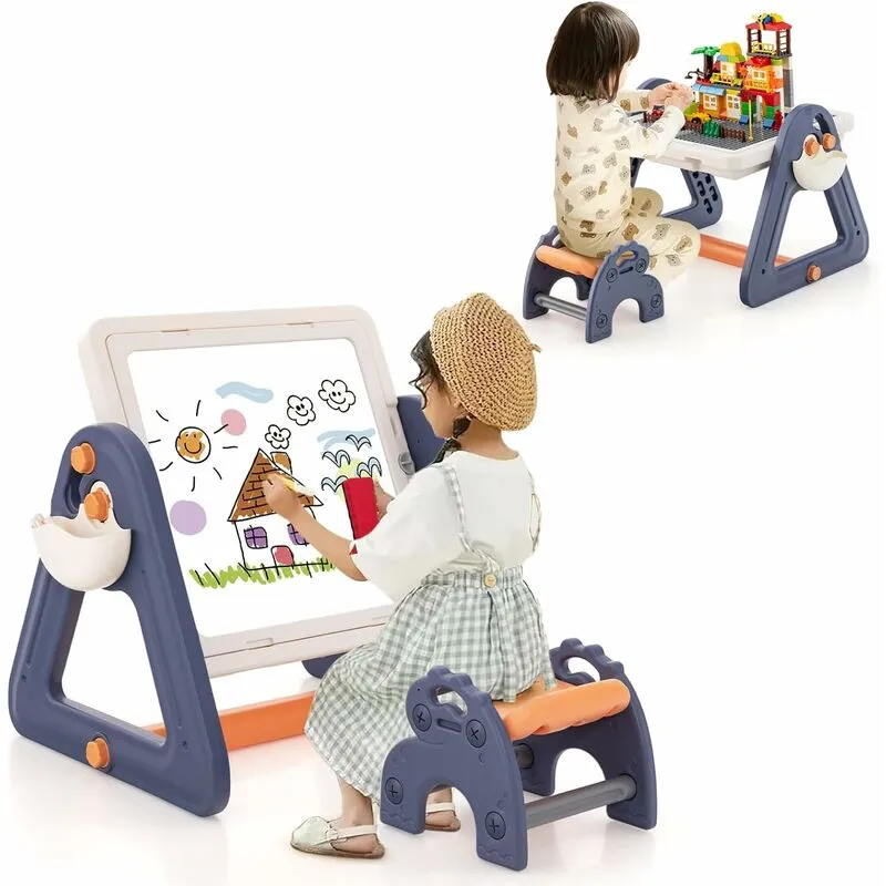 2 in 1 Set Tavolo e Cavalletto per Bambini, Tavolo Multiattività con Sedia e Piano Reversibile, Set Tavolo Attività con 160 Blocchi da Costruzione,