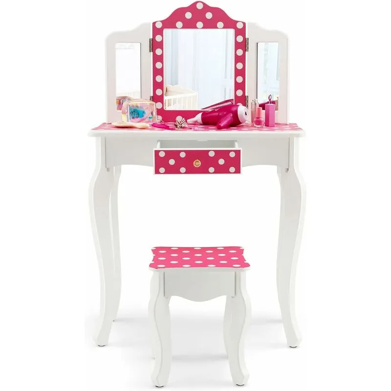 Costway - 2 in 1 Toeletta Trucco per Bambini con Sgabello, Tavolo per Trucco con Specchio Triplo e Cassetto, Specchio Rimovibile, 3 Anni +