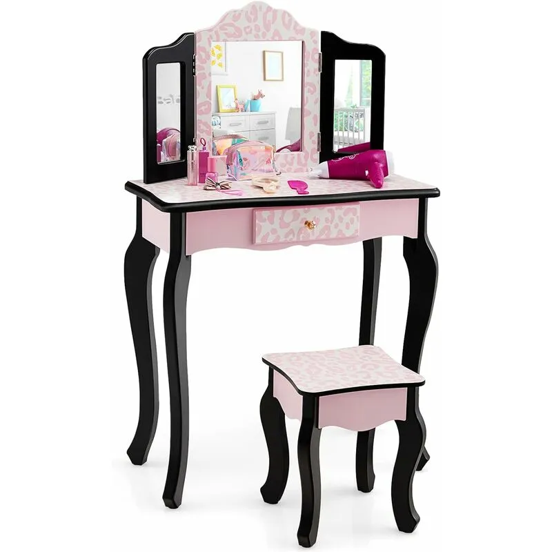 Costway - 2 in 1 Toeletta Trucco per Bambini con Sgabello, Tavolo per Trucco con Specchio Triplo e Cassetto, Specchio Rimovibile, 3 Anni +