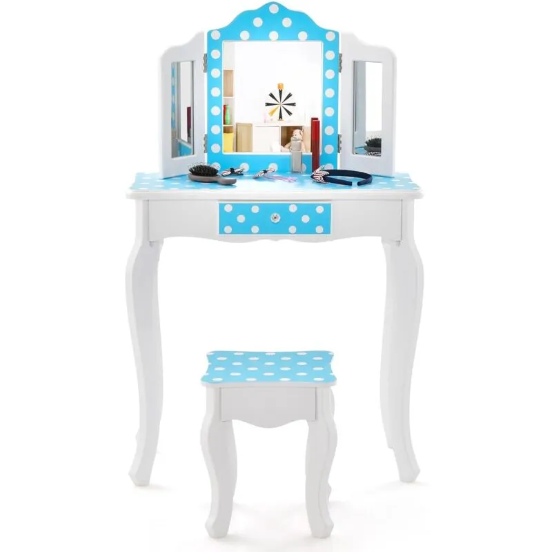 Costway - 2 in 1 Toeletta Trucco per Bambini con Sgabello, Tavolo per Trucco con Specchio Triplo e Cassetto, Specchio Rimovibile, 3 Anni + (Blu +