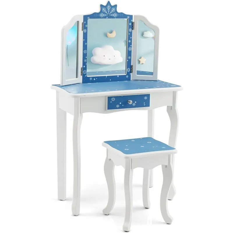 Costway - 2 in 1 Toeletta Trucco per Bambini con Sgabello, Tavolo per Trucco con Specchio Triplo e Cassetto, Specchio Rimovibile, Rosa/Blu, 3 Anni +