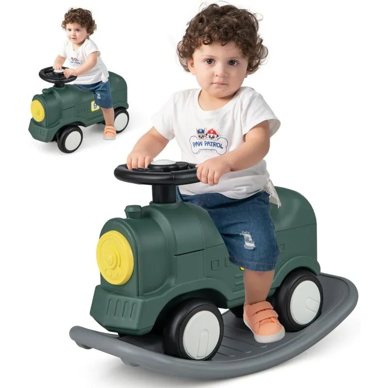 Costway - 3 in 1 Cavallo a Dondolo per Bambini, con Macchinina Scivolante e Tavola Equilibrio Staccabile, Gioco a Dondolo Stile Treno per Bambini