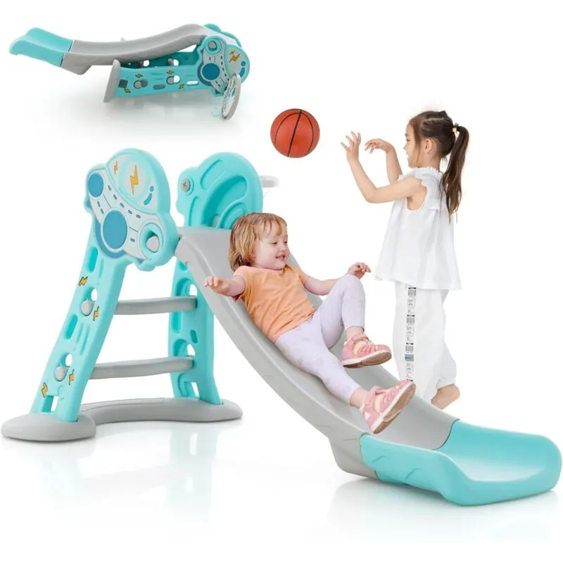 Costway - 3 in 1 Scivolo per Bambini, Set di Scivolo Pieghevole con Canestro Basket e Pallone, Set da Arrampicata e Scivolo da Interno, 18 Mesi+ (Blu)