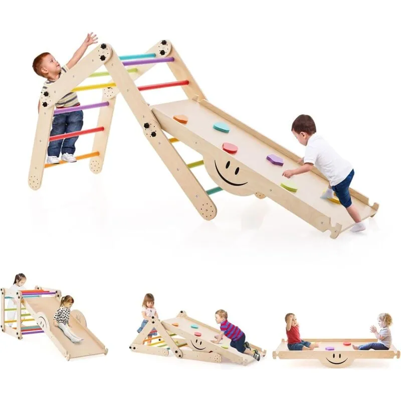 Costway - 5 in 1 Set da Arrampicata per Bambini, Giochi da Arrampicata Pieghevoli in Legno con Rampe Regolabili e Reversibili, Scala da Arrampicata