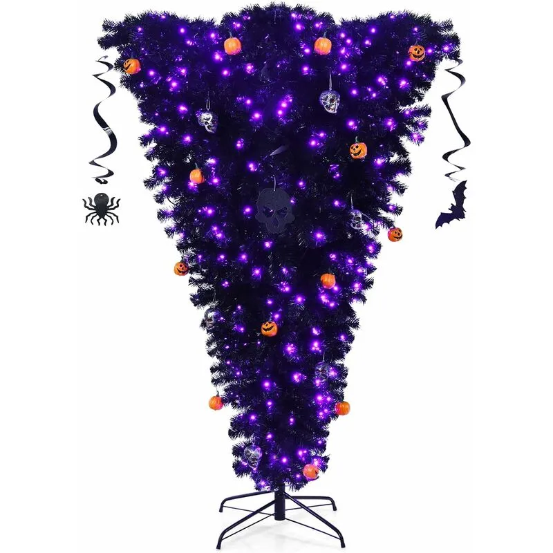 Costway - Albero di Natale Artificiale 180 cm, Albero di Halloween illuminato con 270 luci led Viola, 810 Rami, per Casa, Ufficio,Scuola e Feste, Nero