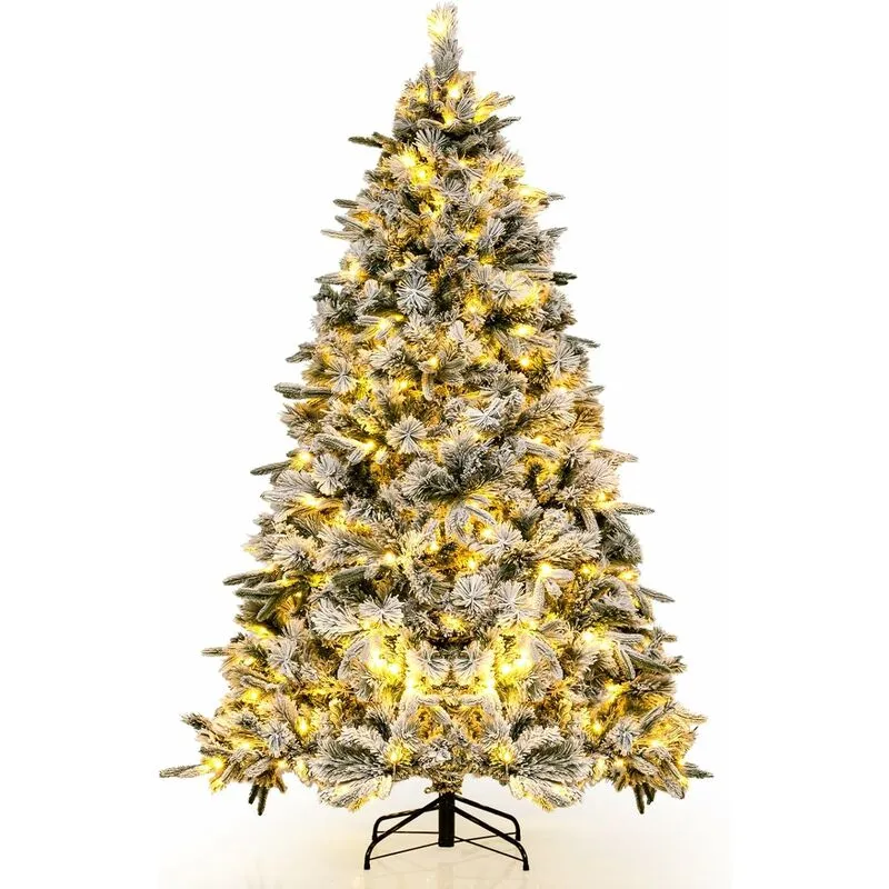 Albero di Natale136/186 cm, Albero di Natale Flockato con 150/250 Luci led Bianco Caldo, 384/752 Punte di Ramo Miste e Aghi di Pino, Albero di Natale