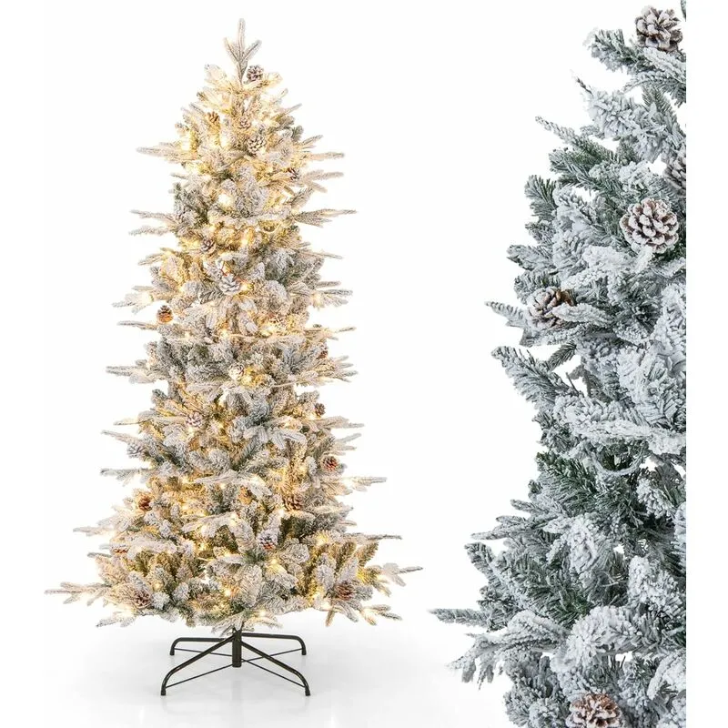 Albero di Natale Artificiale Innevato da 180 cm, Albero di Natale con 210 Luci Calde Bianche, 715 Punte Miste, 36 Pigne Naturali, Albero di Natale